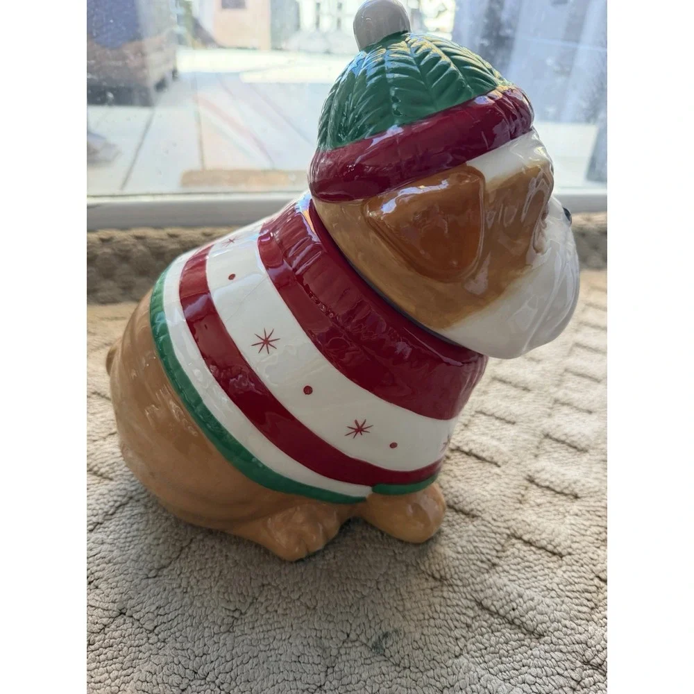 SLEIGHBELL BISTRO Christmas Santa Pug Bulldog Ceramic Cookie Jar